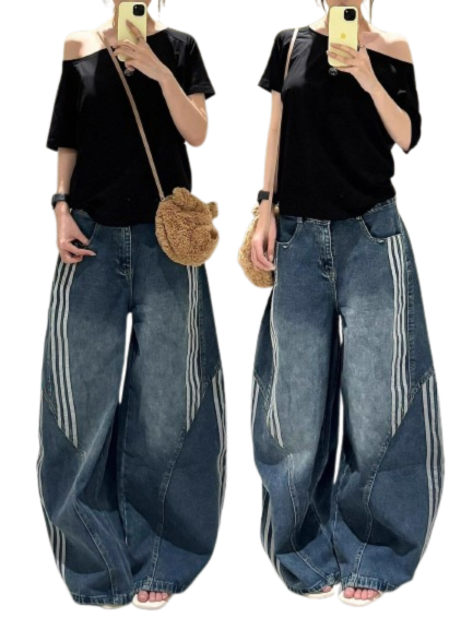American Style New Hip-Hop Striped Jeans for Women, Street Style Loose Wide-Leg Pants, Trendy Brand Sports Casual Long Pants