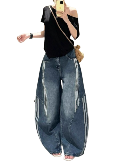 American Style New Hip-Hop Striped Jeans for Women, Street Style Loose Wide-Leg Pants, Trendy Brand Sports Casual Long Pants