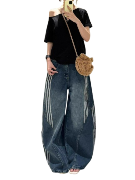 American Style New Hip-Hop Striped Jeans for Women, Street Style Loose Wide-Leg Pants, Trendy Brand Sports Casual Long Pants