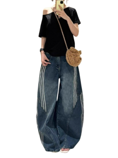 American Style New Hip-Hop Striped Jeans for Women, Street Style Loose Wide-Leg Pants, Trendy Brand Sports Casual Long Pants