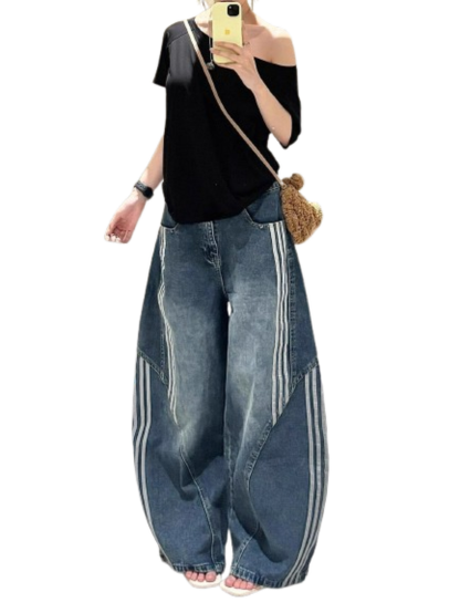 American Style New Hip-Hop Striped Jeans for Women, Street Style Loose Wide-Leg Pants, Trendy Brand Sports Casual Long Pants