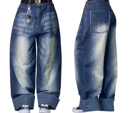Street Vintage Jeans New Y2K Harajuku Wash Blue Multiple pockets Baggy Jeans Denim Pants Mens Womens High Waist Wide Trousers