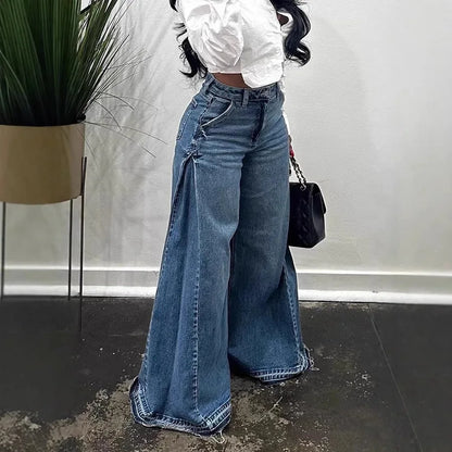 European American New Fashion Women's Spliced Casual Trendy Loose Wide Leg Flare Denim Trousers Female Streetwear Jeans Pants