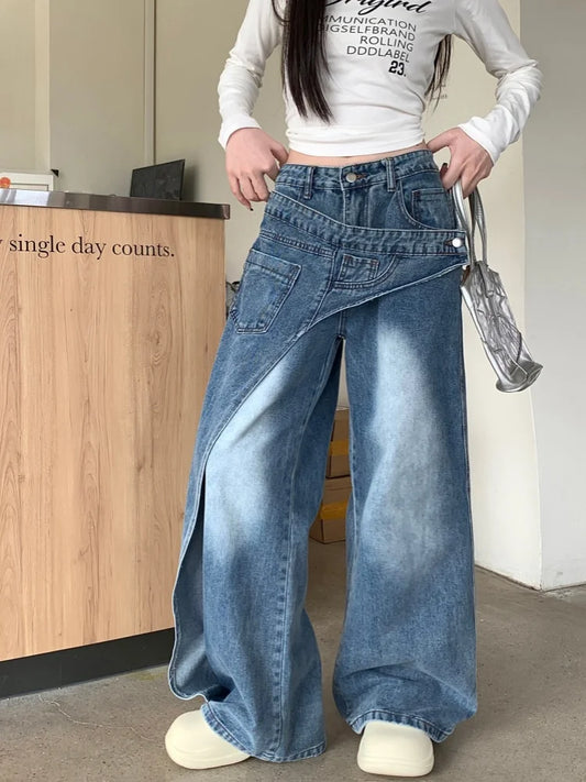 Wide Leg Jeans with Asymmetric Overlay | Iron Planet Studio