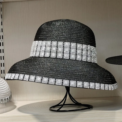 Bucket Hat Summer Hats for Women Fishing Hat Woolen Rhinestone Solid Color Basin Hat Leisure Outdoor Beach Sun Hat