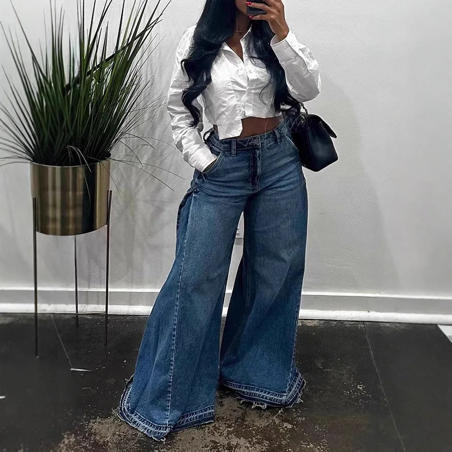 European American New Fashion Women's Spliced Casual Trendy Loose Wide Leg Flare Denim Trousers Female Streetwear Jeans Pants