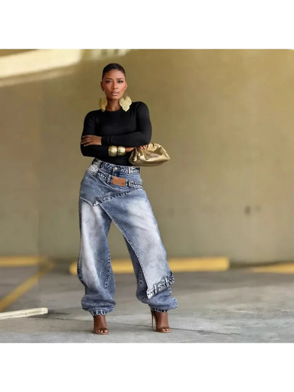 Ethnic Print Wide Leg Jeans – Asymmetric High Waist Denim
