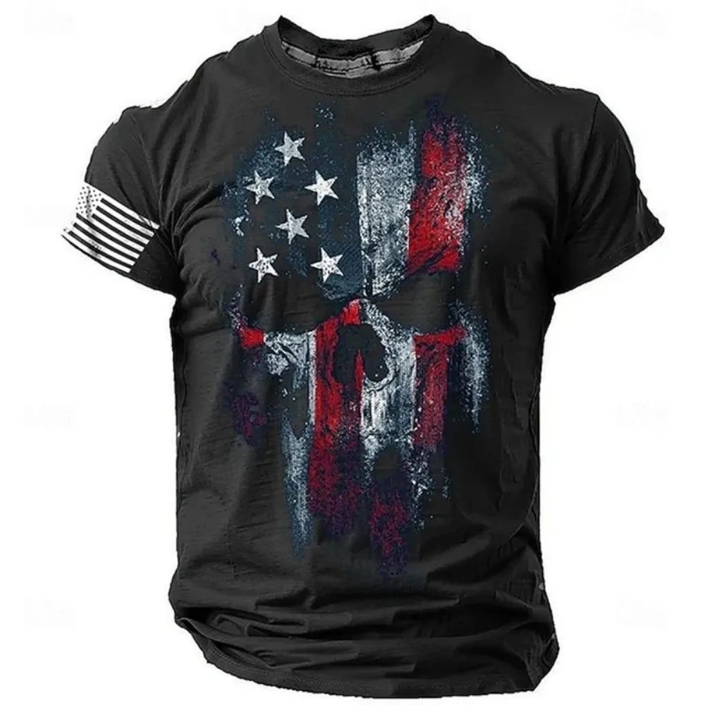 Men’s 3D Skull Flag Print T-Shirt – Bold Patriotic Edge