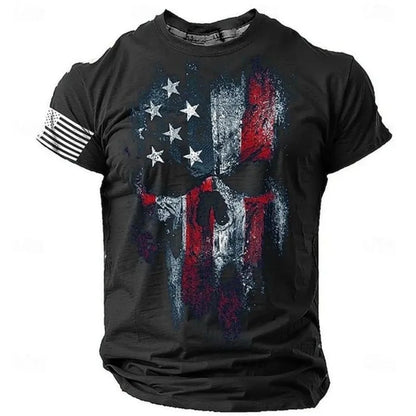 Men’s 3D Skull Flag Print T-Shirt – Bold Patriotic Edge
