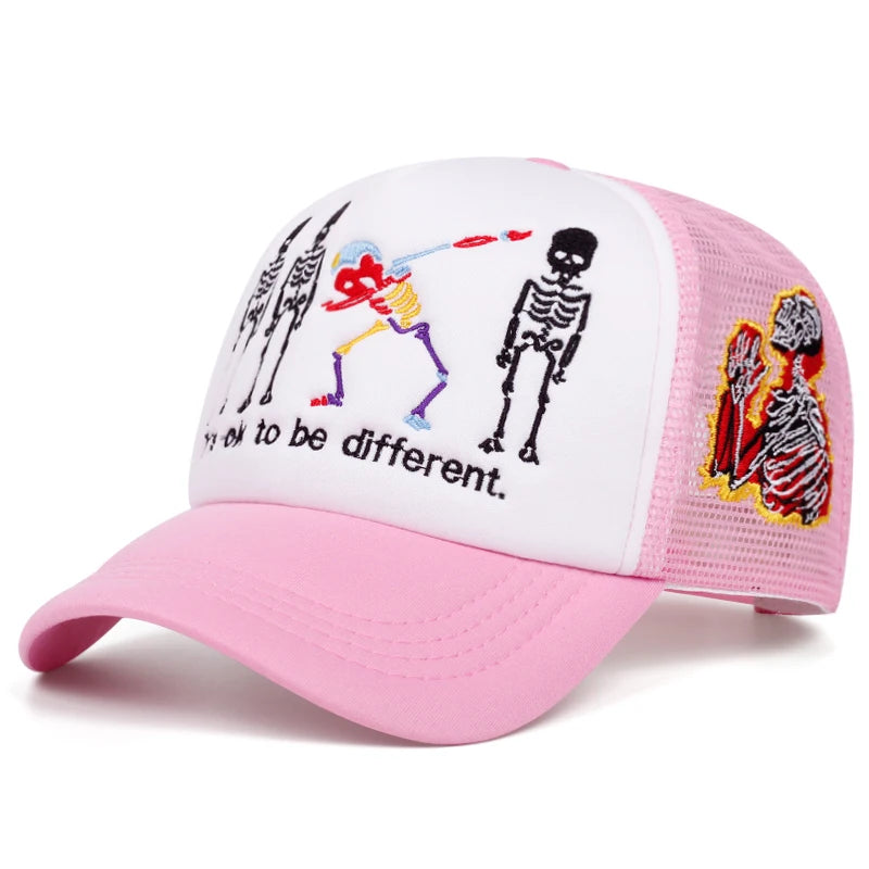 Skeleton Prayer Embroidered Mesh Baseball Cap – Edgy Urban Streetwear