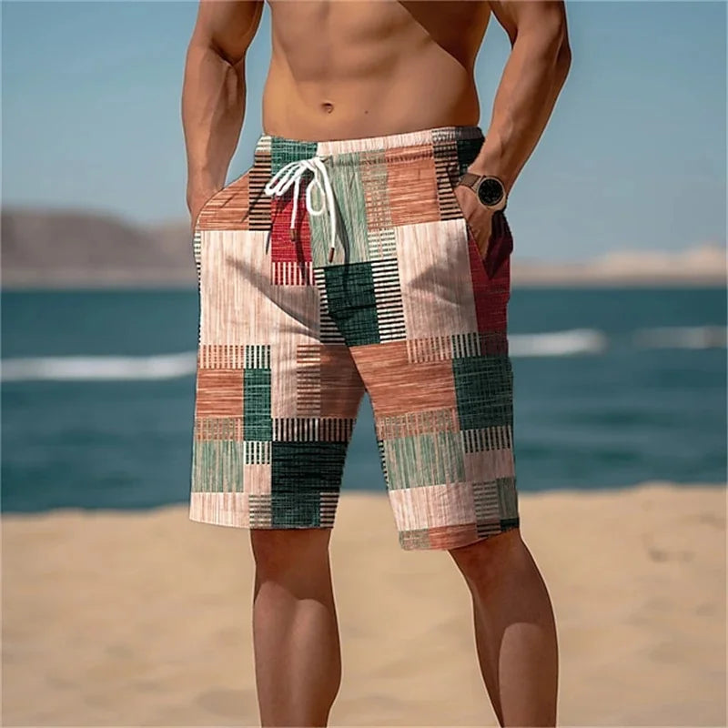 Square Splicing Beach Shorts – Vibrant 3D Print Summer Style