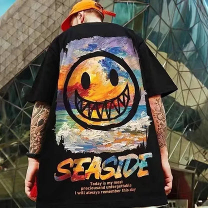 8XL Loose Fitting Trend American Vintage Graffiti Expressi Pattern Print T-shirt with Soft Casual Men Versatile Couple Outfit