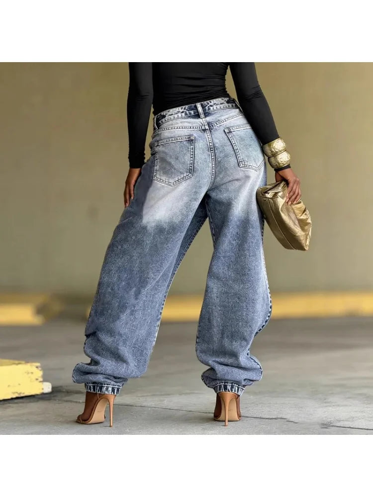 Ethnic Print Wide Leg Jeans – Asymmetric High Waist Denim