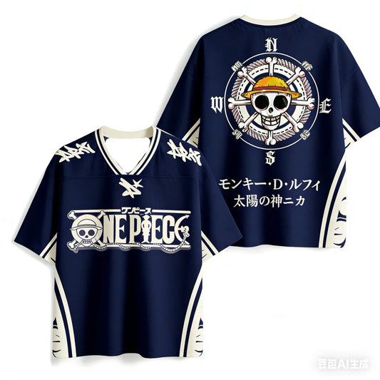 One Piece Straw Pirates Oversized V-Neck Jersey 3D Quick Dry T-Shirt For Men Women Kids Anime Fan Tee Summer Streetwear