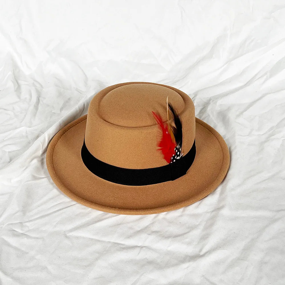 NEW Vintage Pork Pie Hat Men's Rolled Brim Felt Fedora Hat with Feather Gentleman Church Cap Trilby Jazz Hats