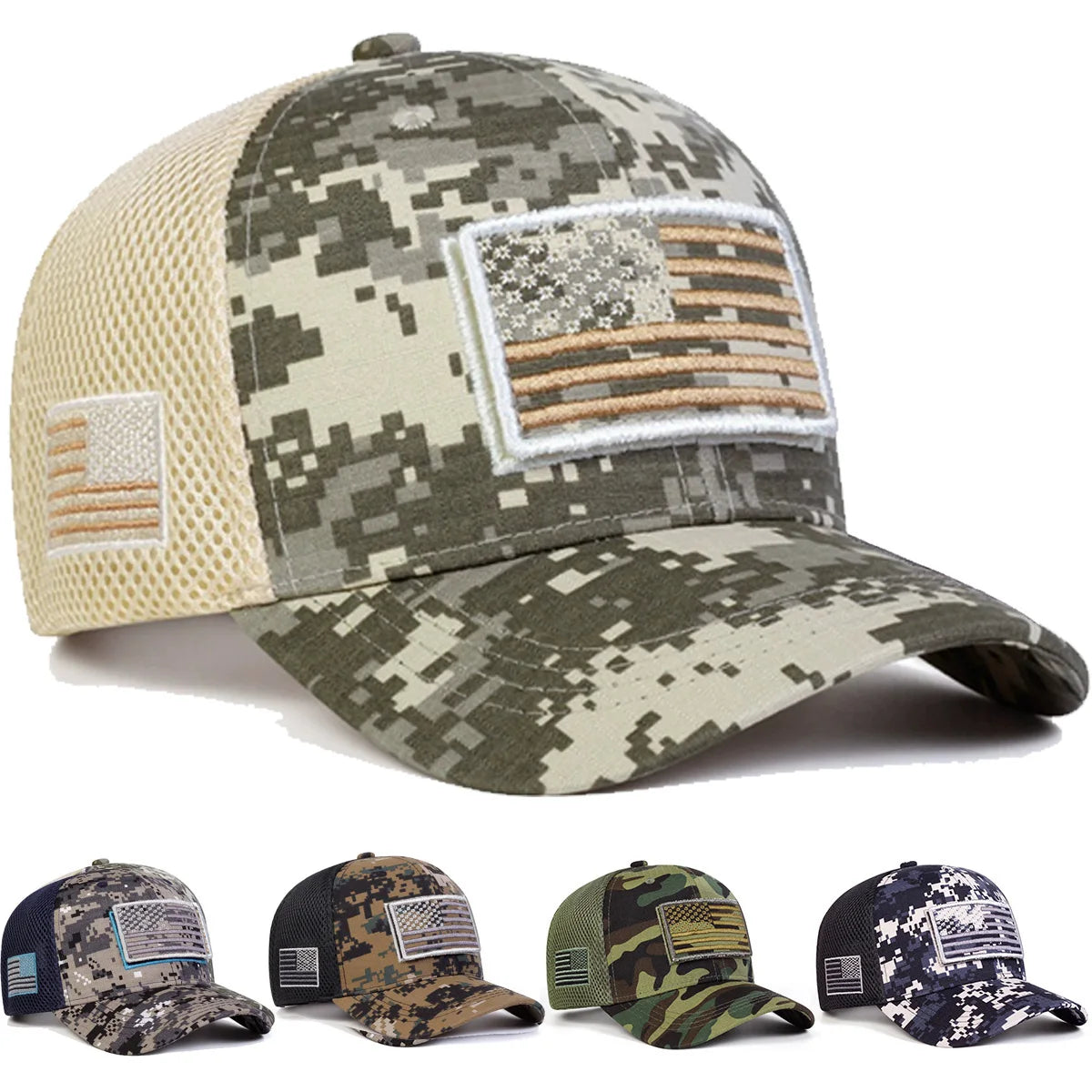 USA Flag Embroidered Camo Baseball Cap – Rugged Patriotism