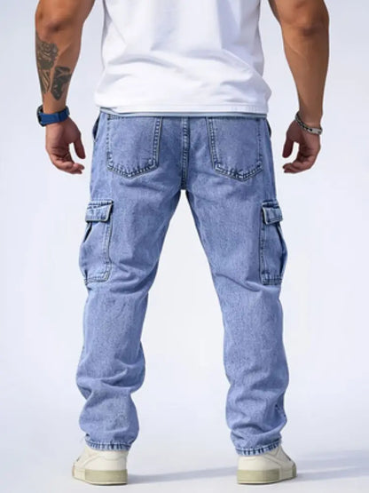 Men's Classic Multi-Pocket Jeans - Casual Street Style Regular Fit, Machine Washable, All-Season Wear, Light Blue Jeans