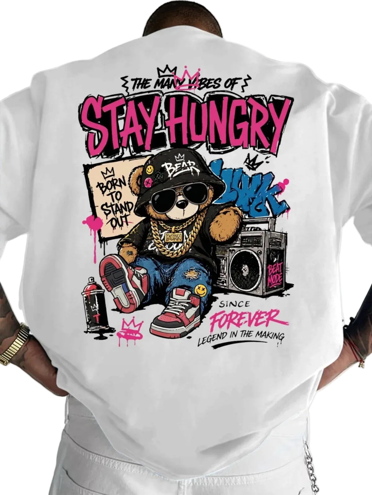 Stay Hungry Bear T-shirt – Streetwear Graffiti Print