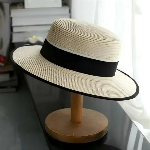 Women's Summer Travel Beach Jazz Hat Seaside Sunshade Sun Protection Straw Hat Flat Top British Hat Straw Woven