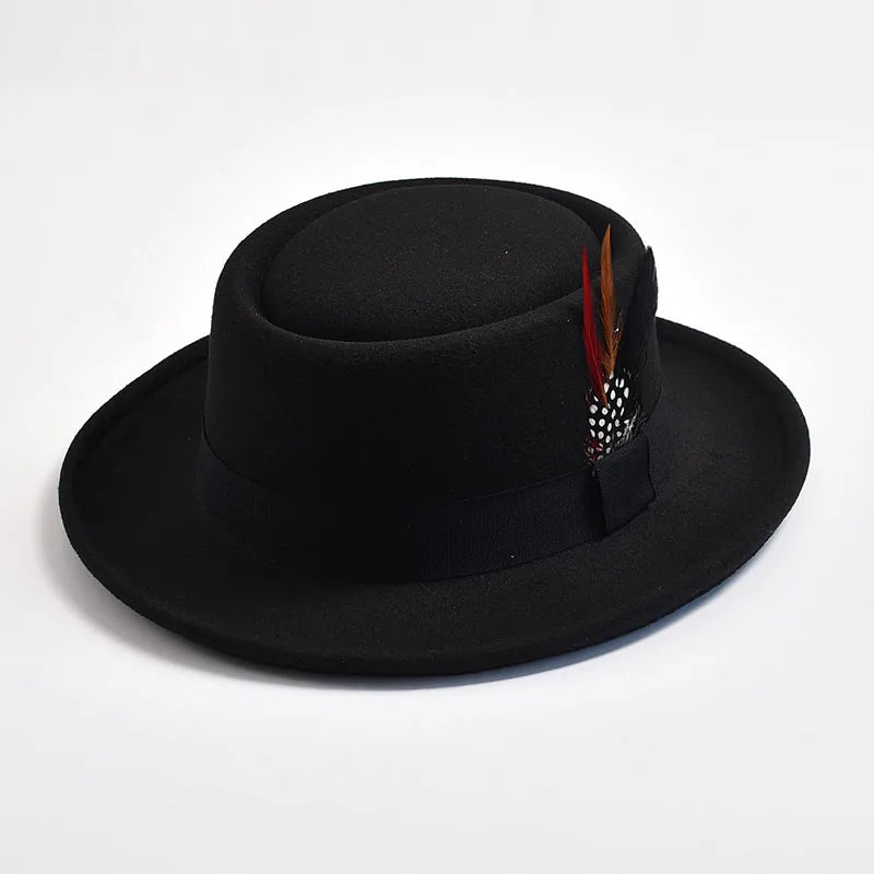 NEW Vintage Pork Pie Hat Men's Rolled Brim Felt Fedora Hat with Feather Gentleman Church Cap Trilby Jazz Hats
