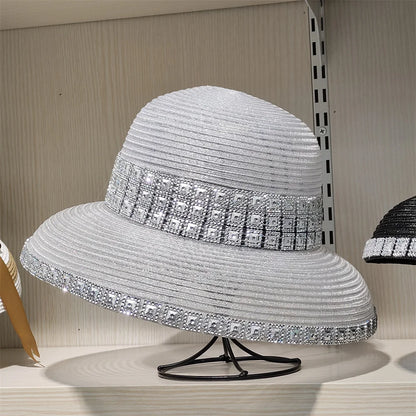 Bucket Hat Summer Hats for Women Fishing Hat Woolen Rhinestone Solid Color Basin Hat Leisure Outdoor Beach Sun Hat
