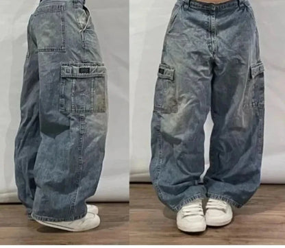 Street Vintage Jeans New Y2K Harajuku Wash Blue Multiple pockets Baggy Jeans Denim Pants Mens Womens High Waist Wide Trousers