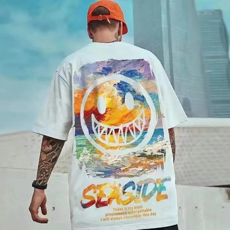 8XL Loose Fitting Trend American Vintage Graffiti Expressi Pattern Print T-shirt with Soft Casual Men Versatile Couple Outfit