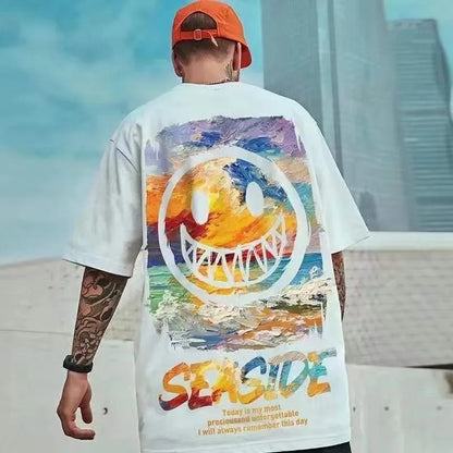 8XL Loose Fitting Trend American Vintage Graffiti Expressi Pattern Print T-shirt with Soft Casual Men Versatile Couple Outfit
