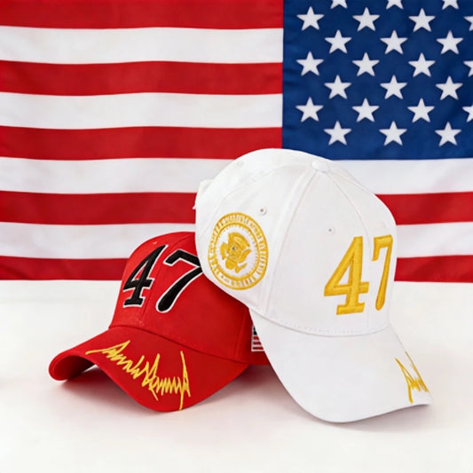 Red & White Caps with “47”: Standing Against the American Flag, Their Embroidered Logos and Signature Details Bring a Distinctiv