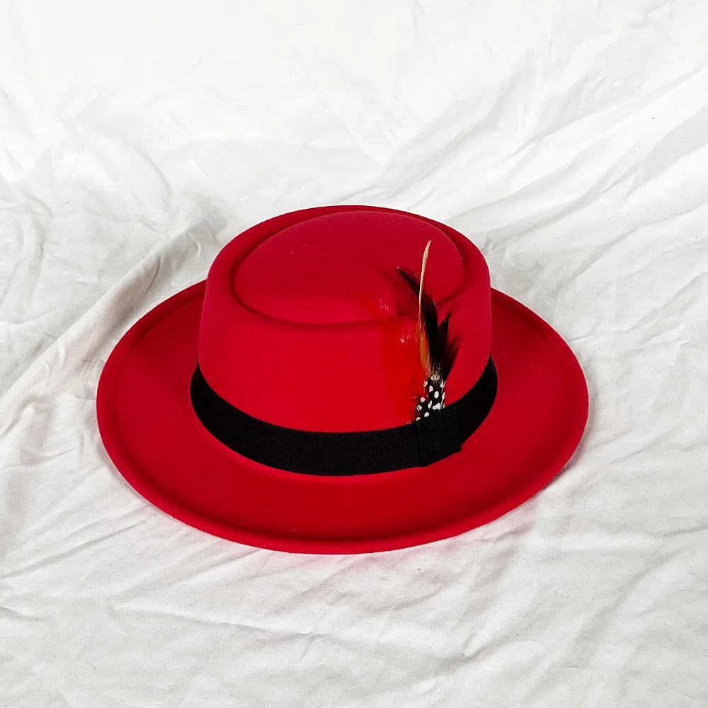 NEW Vintage Pork Pie Hat Men's Rolled Brim Felt Fedora Hat with Feather Gentleman Church Cap Trilby Jazz Hats
