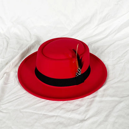 NEW Vintage Pork Pie Hat Men's Rolled Brim Felt Fedora Hat with Feather Gentleman Church Cap Trilby Jazz Hats