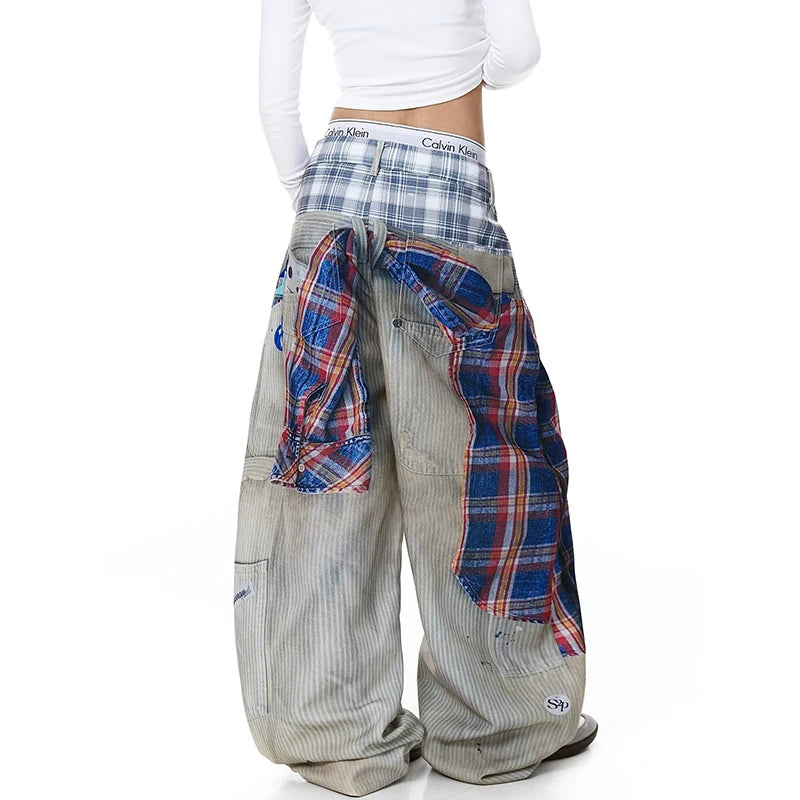 American Waed Plaid Print Denim Pants Women Summer Hip Hop Street Fake Two-Piece Wide Leg Casual Pants Casual Straight Leg