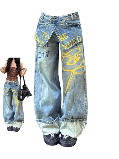 Women's Baggy Jean Designer American Retro Harajuku Grunge Graffiti Wide Fit Jeans Y2k Japanese Denim Pants Fake Two Pieces New