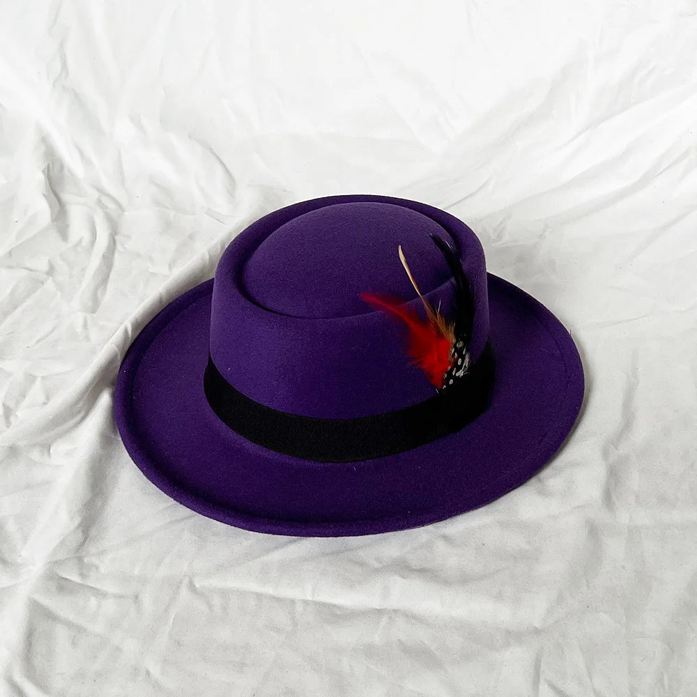 NEW Vintage Pork Pie Hat Men's Rolled Brim Felt Fedora Hat with Feather Gentleman Church Cap Trilby Jazz Hats