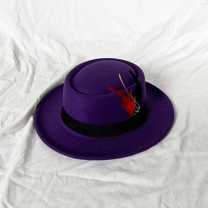 NEW Vintage Pork Pie Hat Men's Rolled Brim Felt Fedora Hat with Feather Gentleman Church Cap Trilby Jazz Hats