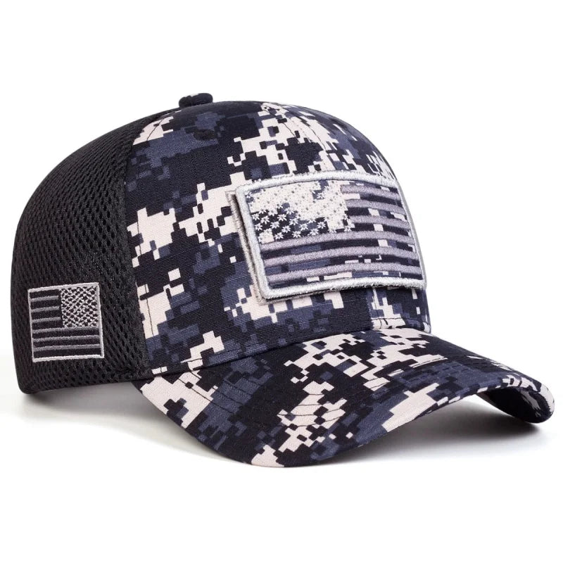 USA Flag Embroidered Camo Baseball Cap – Rugged Patriotism
