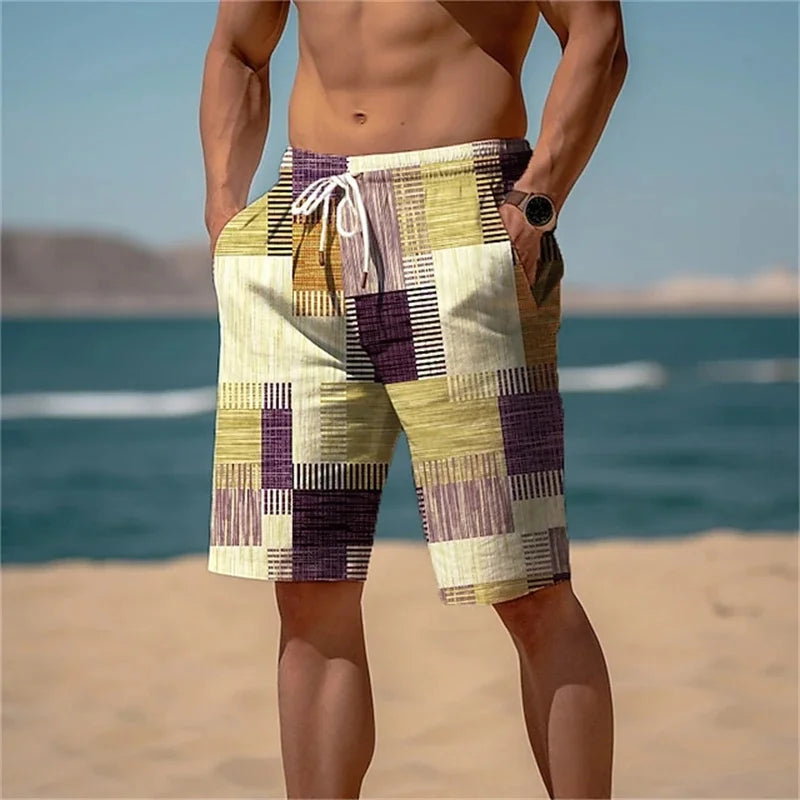 Square Splicing Beach Shorts – Vibrant 3D Print Summer Style