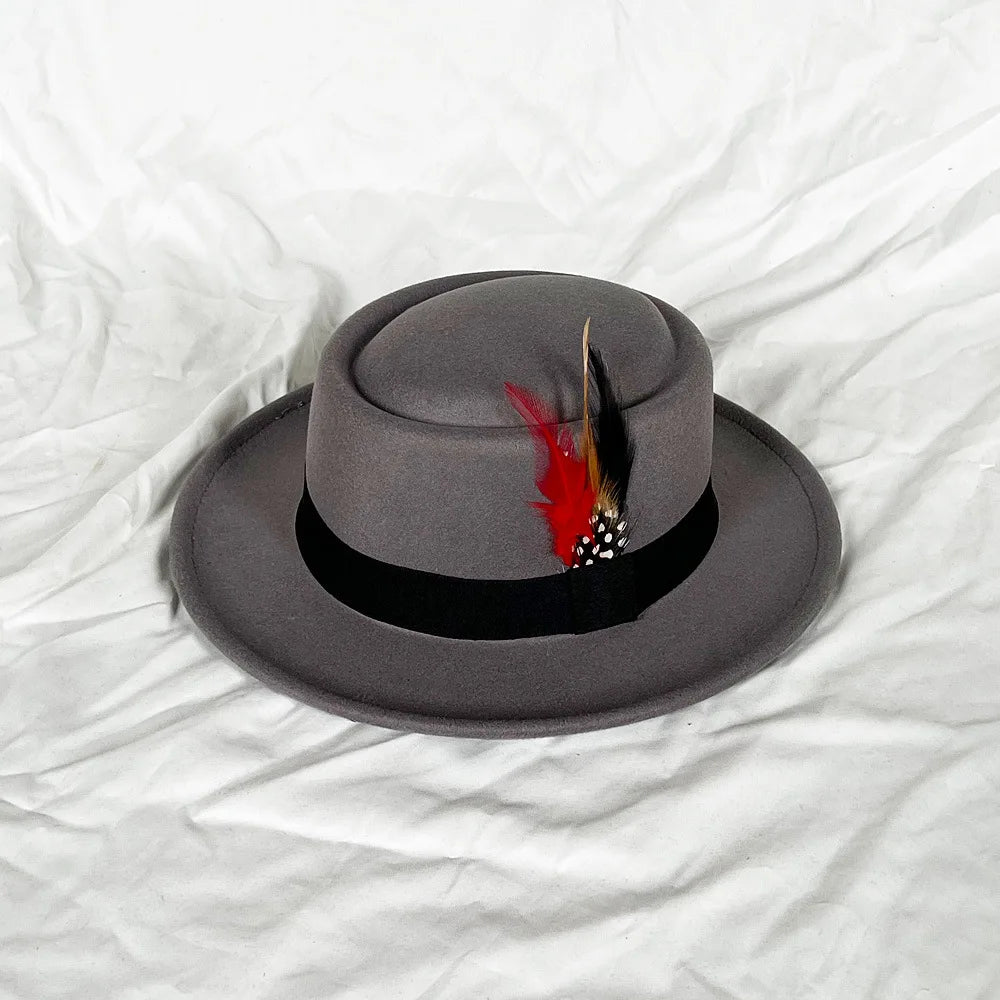NEW Vintage Pork Pie Hat Men's Rolled Brim Felt Fedora Hat with Feather Gentleman Church Cap Trilby Jazz Hats