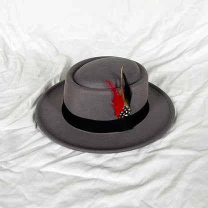 NEW Vintage Pork Pie Hat Men's Rolled Brim Felt Fedora Hat with Feather Gentleman Church Cap Trilby Jazz Hats