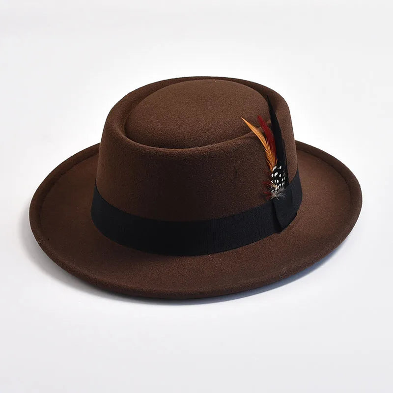 NEW Vintage Pork Pie Hat Men's Rolled Brim Felt Fedora Hat with Feather Gentleman Church Cap Trilby Jazz Hats