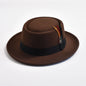 NEW Vintage Pork Pie Hat Men's Rolled Brim Felt Fedora Hat with Feather Gentleman Church Cap Trilby Jazz Hats