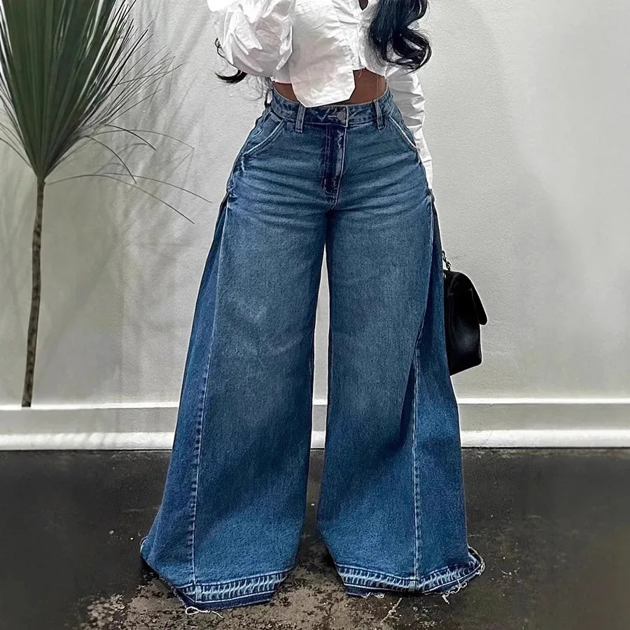 European American New Fashion Women's Spliced Casual Trendy Loose Wide Leg Flare Denim Trousers Female Streetwear Jeans Pants