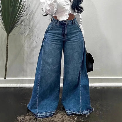 European American New Fashion Women's Spliced Casual Trendy Loose Wide Leg Flare Denim Trousers Female Streetwear Jeans Pants