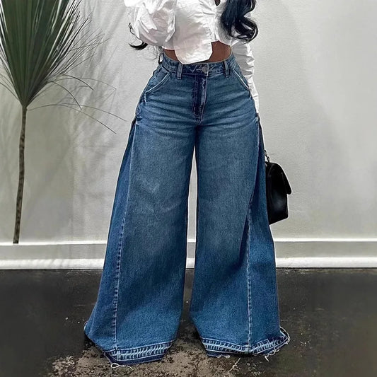 European American New Fashion Women's Spliced Casual Trendy Loose Wide Leg Flare Denim Trousers Female Streetwear Jeans Pants