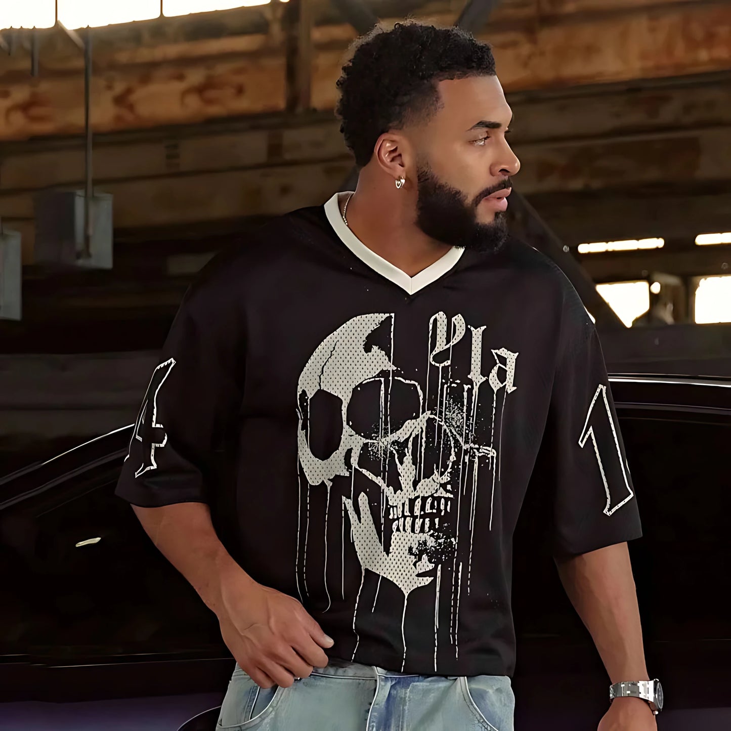 Men’s Skull Print V-Neck Tee – Urban Hip-Hop Edge