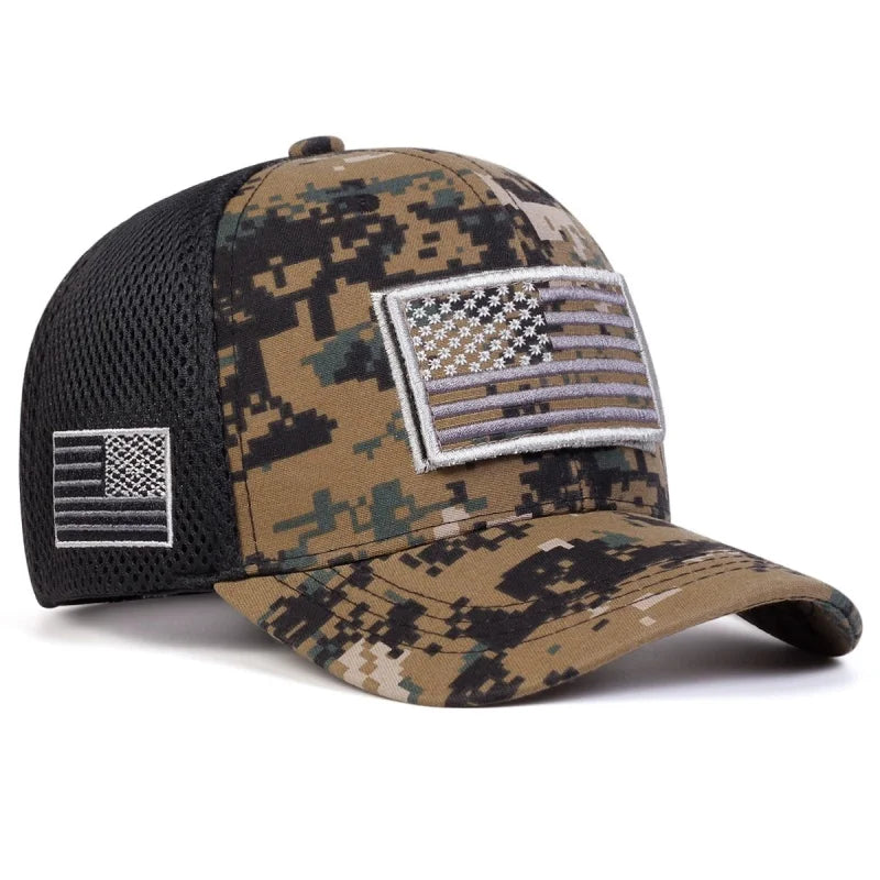 USA Flag Embroidered Camo Baseball Cap – Rugged Patriotism