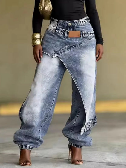 Ethnic Print Wide Leg Jeans – Asymmetric High Waist Denim
