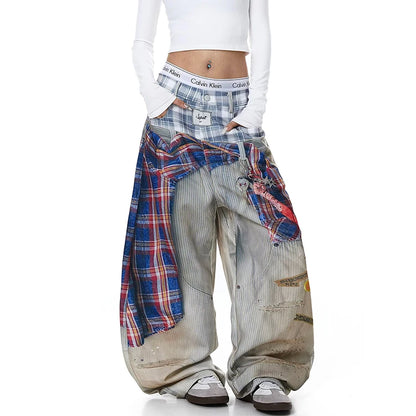 American Waed Plaid Print Denim Pants Women Summer Hip Hop Street Fake Two-Piece Wide Leg Casual Pants Casual Straight Leg