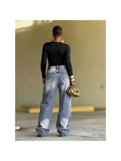 Ethnic Print Wide Leg Jeans – Asymmetric High Waist Denim