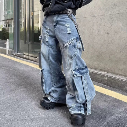 2025 Cyber Y2K Streetwear Washed Blue Baggy Ripped Cargo Jeans Pants For Men Clothing Wide Leg Vintage Loose Punk Denim Trousers